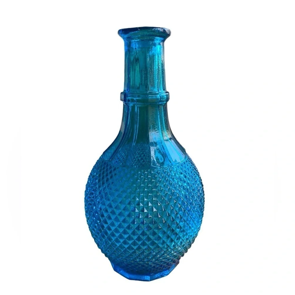 Blue Glass Diamond Point Cut Hobnail Glass Decanter No Cover
